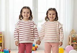 2 - 5 Yaş Arası Üç İplik Şardonlu Çizgi Desenli Oversize Kalıp Kışlık Kız Çocuk Takım