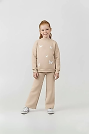 3 - 10 Yaş Arası Kelebek Desenli Üçiplik Şardonlu Oversize Kesim Kız Çocuk Takımları