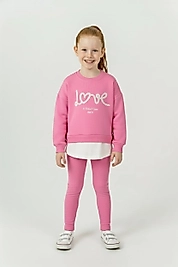 3 - 10 Yaş Arası Love Desen, Gömlek Detaylı Üçiplik Şardonlu Oversize Kesim Kız Çocuk Takımları