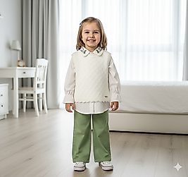 2 - 5 Yaş Arası Kelebek Desenli Gömlek, Süveter Yeşil Keten Pantolonlu Şık Kız Çocuk Takım