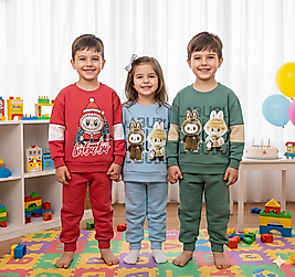 2 - 5 Yaş Arası Labubu Desenli Üçiplik Şardonlu Takım