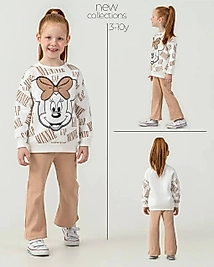 3 - 10 Yaş Arası Minnie Mouse Desenli Üçiplik Şardonlu Oversize Kesim Kız Çocuk Takımları