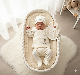 5 Parça Fil ve Ayıcık Desenli Zıbın Takımı(Alt, Üst, Şapka, Eldiven,Önlük)