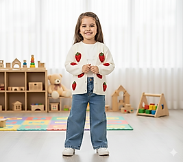 2 - 5 Yaş Arası Dokuma Çilek İşlemeli Hırka, Sweat ve Bol Paça Kotlu Üçlü Kız Çocuk Takım