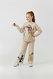 3 - 10 Yaş Arası Bambi Desenli Üçiplik Şardonlu Oversize Kesim Kız Çocuk Takımları