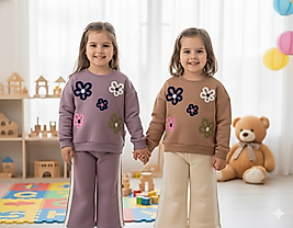 2 - 5 Yaş Arası İşleme Papatya Desenli Üç İplik Şardonlu Bol Paça Kız Çocuk Takım