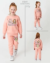 3 - 10 Yaş Arası Labubu Desenli Üçiplik Şardonlu Oversize Kesim Kız Çocuk Takımları