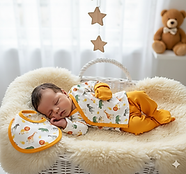 5 Parça Penye Kumaş Hayvanat Bahçesi Desenli Hastane Zıbın Takımı(Alt, Üst, Şapka, Eldiven, Önlük)