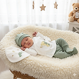 5 Parça Tavşan ve Ayıcık Desenli Zıbın Takımı(Alt, Üst, Şapka, Eldiven,Önlük)