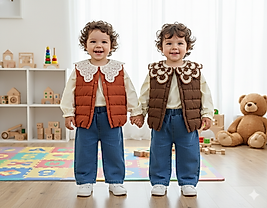 9 Ay 2 Yaş Arası Şişme Yelek Bol Paça Kot ve Yaka İşlemeli Kız Bebek Takım