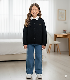 6 - 9 Yaş Arası Peluş Hırka, Gömlek, Çanta ve Bol Paça Kotlu Dörtlü Kız Çocuk Takım