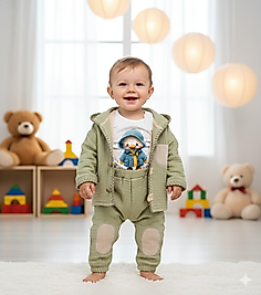 9 Ay 2 Yaş Arası Civciv Desenli Kapşunlu Hırka, sweat ve Askılıklı Pantolonlu Üçlü Müslin Takım