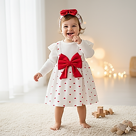 6 Ay 2 Yaş Arası Kalp Desenli Fiyonk ve Bandanalı Kız Bebek Elbise