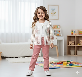 2 - 5 Yaş Arası Yıldız Desenli Şık Hırka, Sweat ve Bol Paça Keten Pantolonlu Üçlü Kız Çocuk Takım